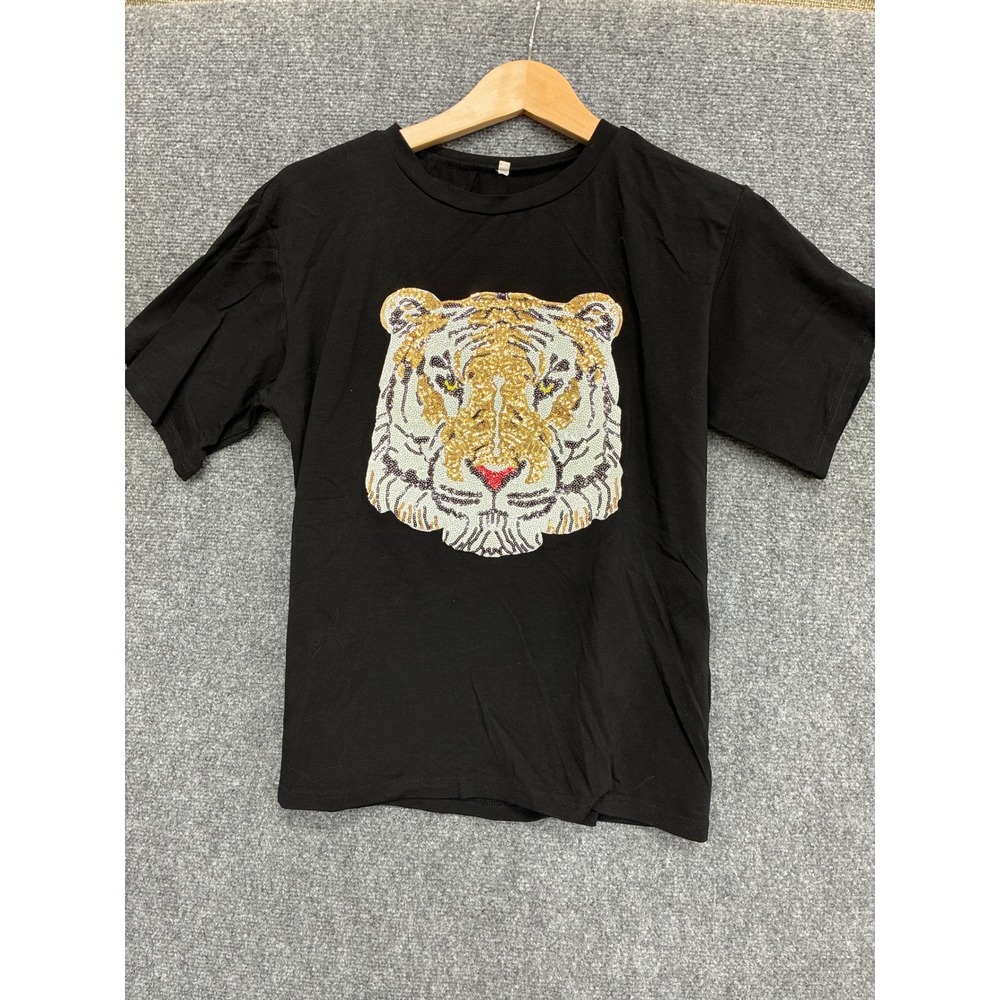 Unbranded Black Sequin Tiger Head Graphic T-Shirt Short Sleeve Cotton Blend M